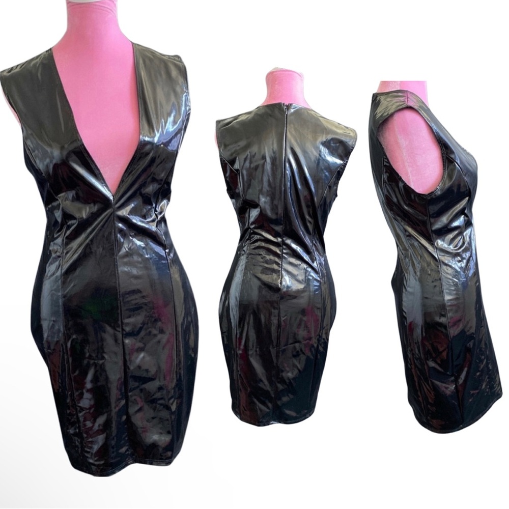 Black Leather V Dress Small Stretchy fits like a medium